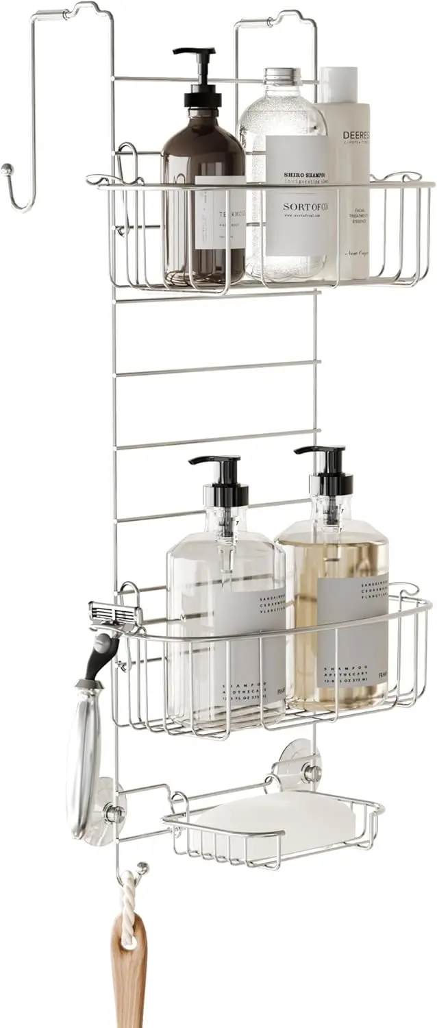 

Over-the-Door Shower Caddy Organizer, Stainless Steel Rack with 2 Adjustable Shelves & Hooks for Bathroom Storage