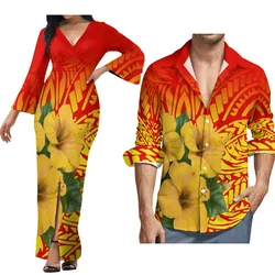 Custom Polynesian Island Style Hd Pattern V-Neck Long Sleeve Dress For Women Party Split Skirt And Aloha Shirt For Men