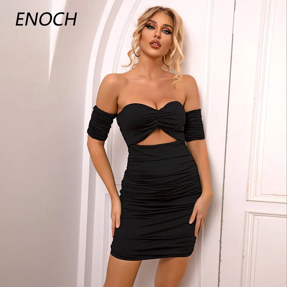 

ENOCH Simple Sheath Homcoming Dresses Women Short Sleeves Backless Hollow Black Party Prom Gowns Above Knee Vestido De Noche