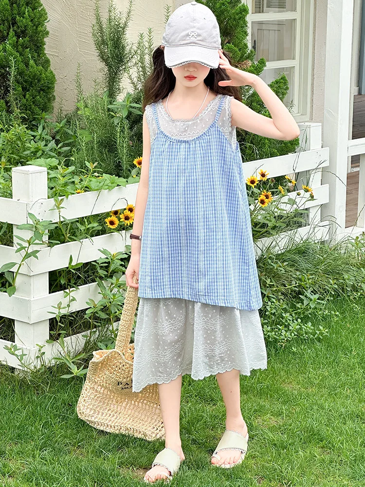 

Summer Plaid Princ Dr Girls Faion Thin Sle Korean Loose Waist No Sve Midi Dr round Ne Gingham Print Dr