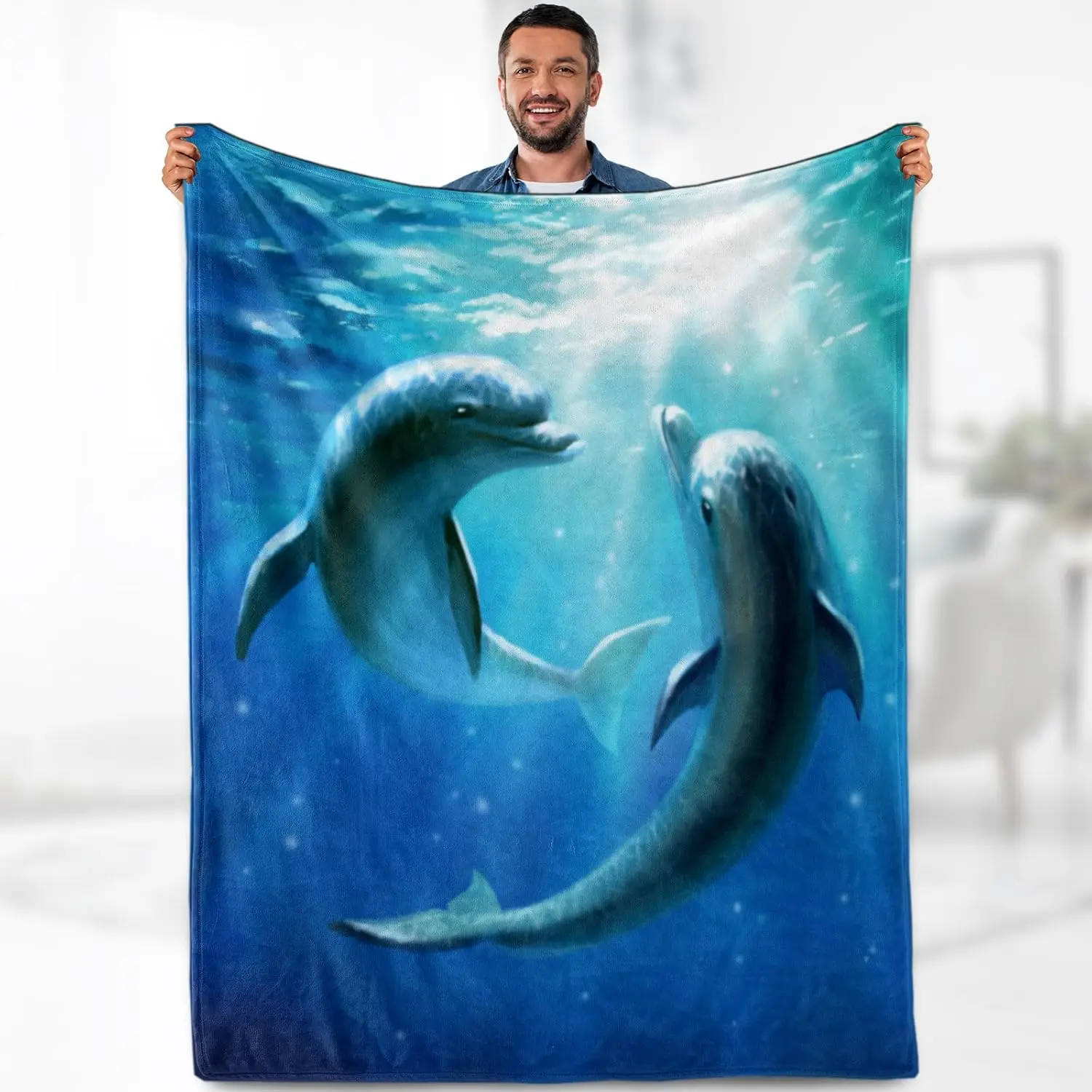 Dolphin Blanket Gifts for Kids Adults- Ocean Sea Animal Lover Throw Soft Warm Lightweight Fleece Cozy Fuzzy Blankets for Women