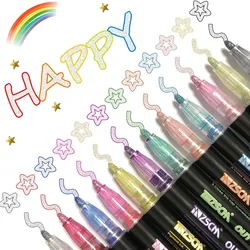 12 Colors Outline Metallic Markers Pens, Super Squiggles Double Line Pen, Magic Glitter Drawing Pens for Greeting Cards, Craft,