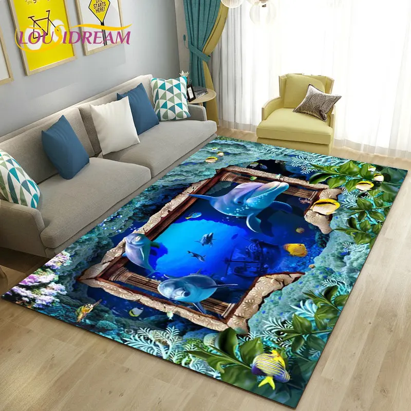 3D Seabed illusion Underwater World  Dolphin Shark  Area Rug ,Carpet Rug for Living Room Bedroom Sofa Doormat Non-slip Floor Mat