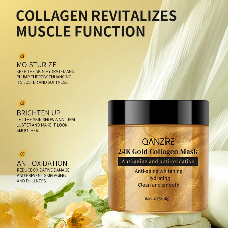 24K Gold & Collagen Brightening Face Mask 250g Hydrating Facial Care for Glowing Skin, Gentle Overnight Moisture Booster