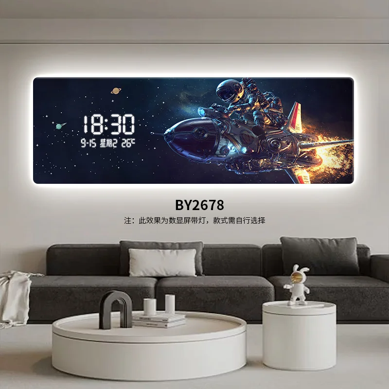 

Modern light luxury astronaut living room led digital display clock hanging painting, high-end and elegant sofa background wall