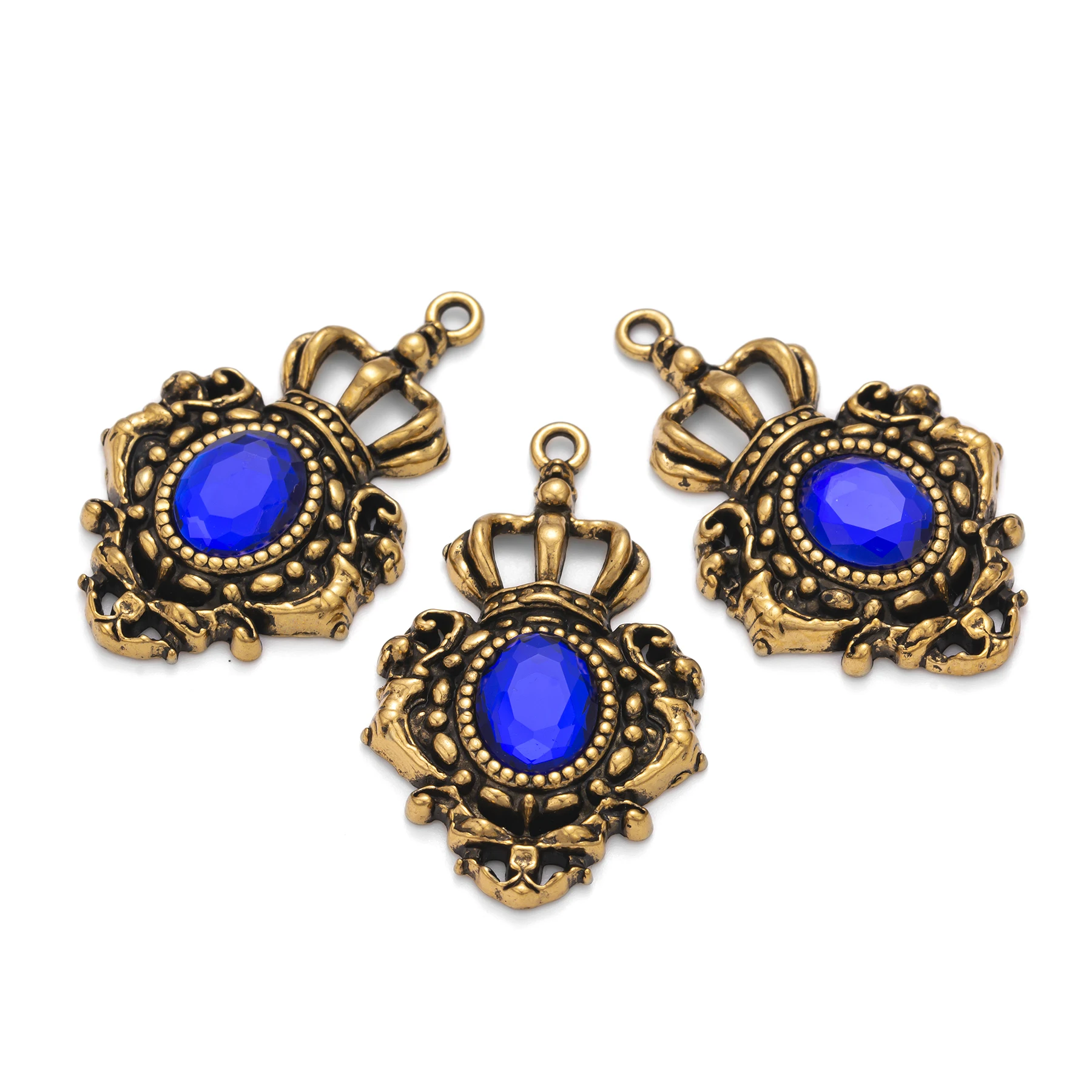 5Pcs/lot Blue Gemstone Crown Charms Fashion Retro Pendants for DIY Jewelry Necklace Earings Making Findings Accessories