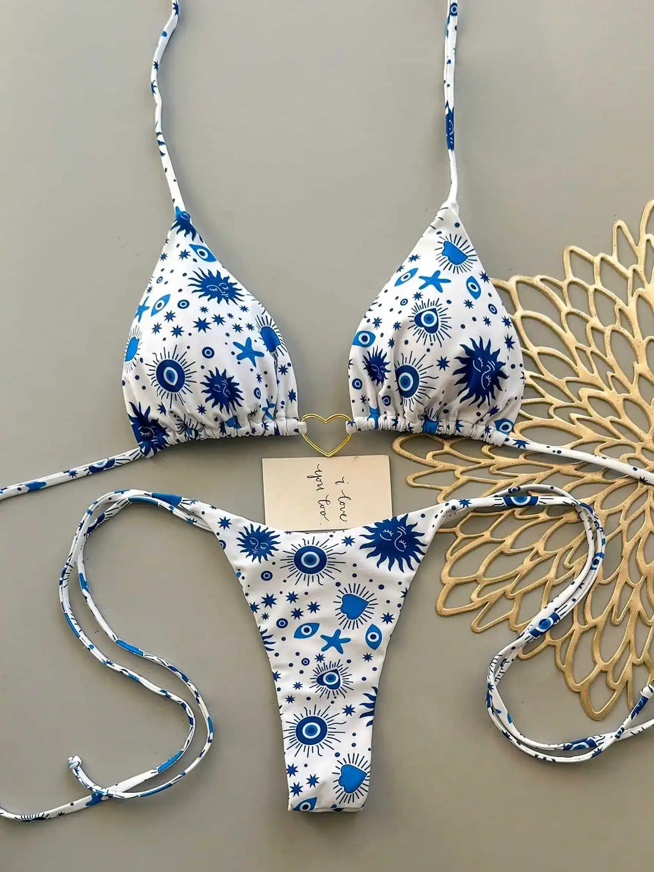 sexy blue sun print metal heart ring halter back tie bikinis sets two pieces thong swimsuits bathing suit swimwear biquini
