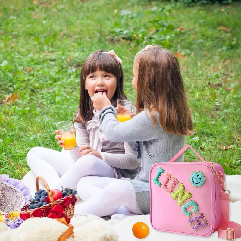 Popular Smiley Embroidery Thermal Lunch Tote Portable Aluminum Film Insulated Bag Outdoor Picnic Food Fresh Keeping Handbag