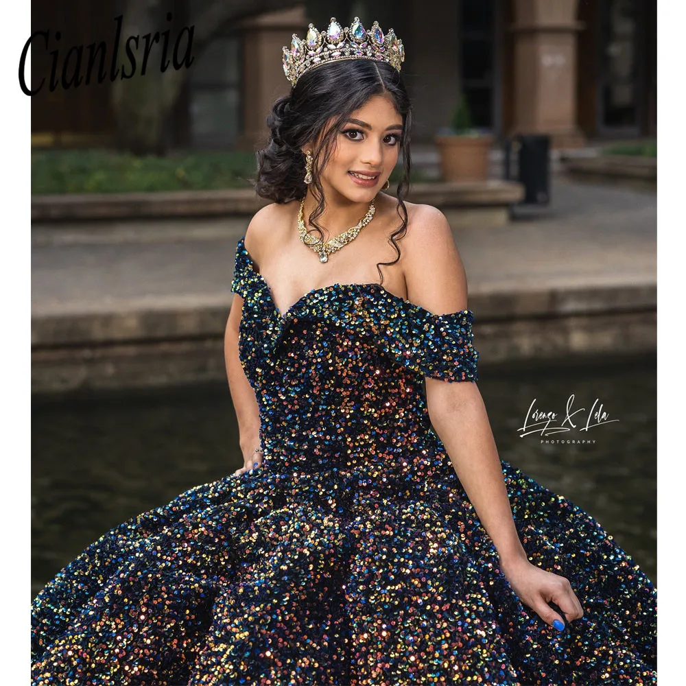 

Sparkly Princess Quinceanera Dress Off Shoulder Crystals Beads Shiny Cinderella Sweet 16 Dress Vestidos De 15 Años