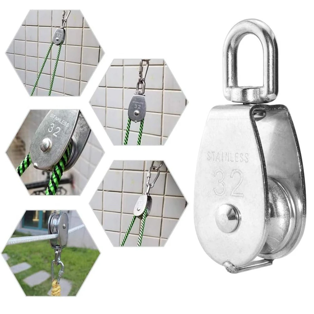4Pcs M32 Single Pulley Block, Creatiee-Pro Heavy Duty 304 Stainless Steel Pulley Roller Crane Swivel Hook, Wheel Swivel Rigging