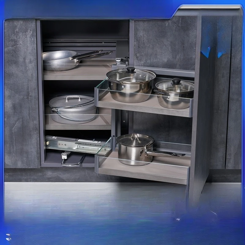 

Kitchen cabinet corner double layer basket rack damping linkage pull