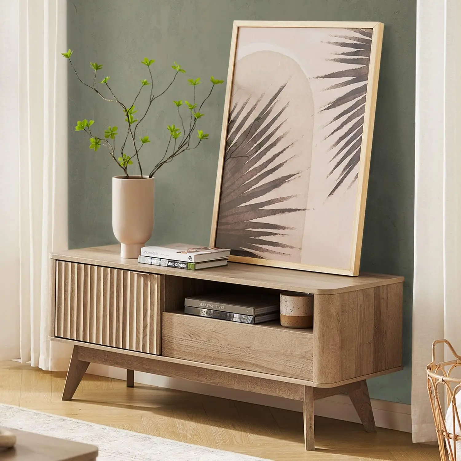 Brooklyn Mueble para TV moderno de mediados de siglo, para televisores de hasta 50” / 59" Panel de forma ondulada, perfil curvo elegante con estante ajustable y