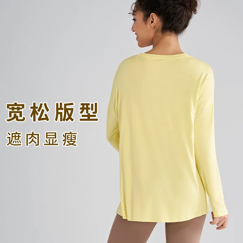 Side Slit Round Neck Loose Yoga Wear Long Sleeve T-shirt Women Gym Fitness Comfortable Quick Dry Skin-friendly Soft Top