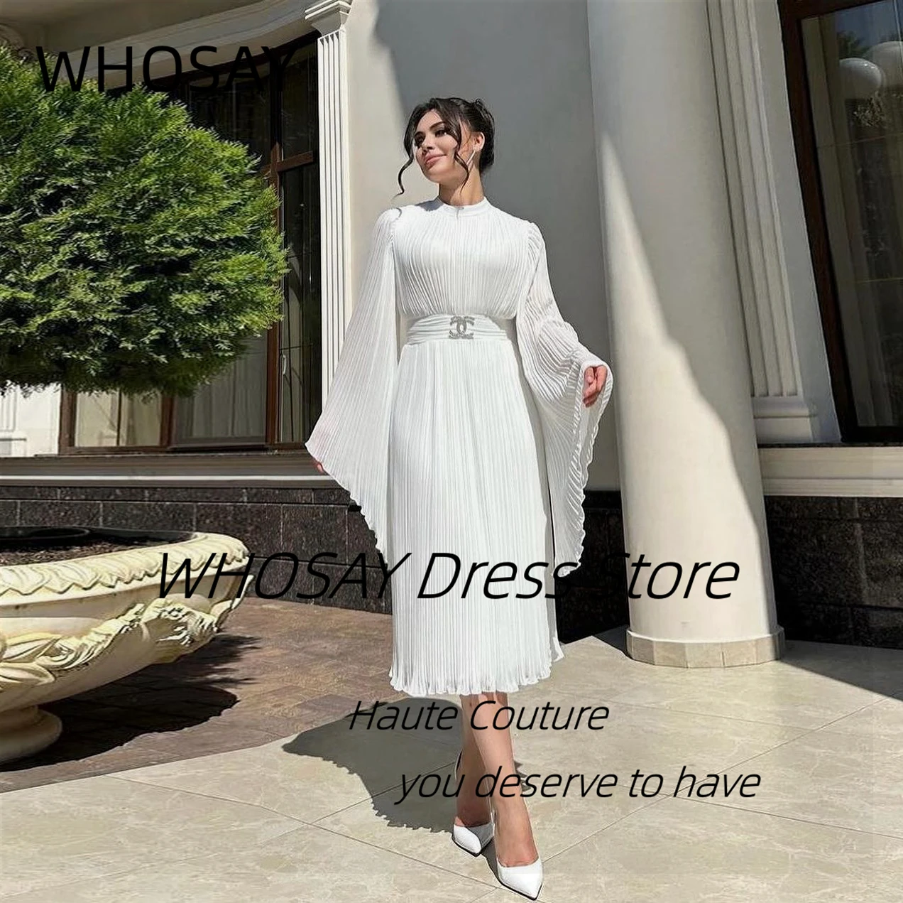 WHOSAY Dubai Arabia Saudi Prom Dresses 2024 Long Sleeves Evening Dress Pleats Tea Length Holiday Party Wear Special Gowns