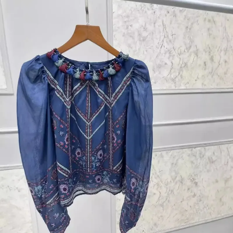 LUXURY-Retro Tassel Pullovers, Round Neck, Contrasting Flower Top, Ethnic Style, Autumn, Winter, New, 2024