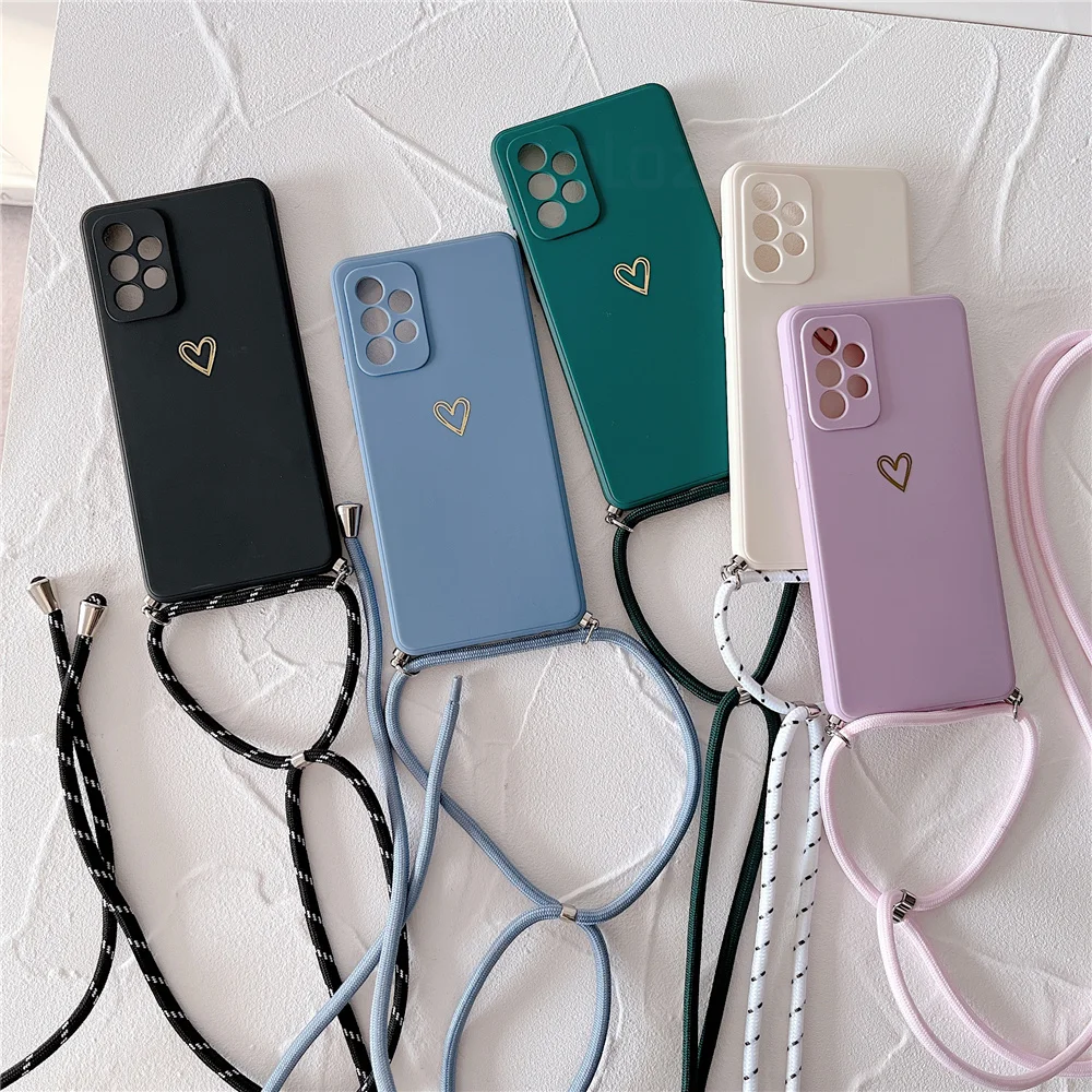 Love Heart Matte Silicone Crossbody Strap Case For Samsung S23 S24 Ultra S21 S20 S10 Plus FE Solid Color Protect Soft Back Cover