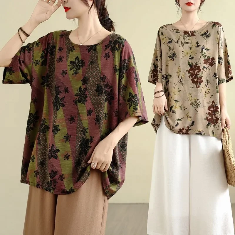 T-shirt a maniche corte retrò stampata girocollo alla moda da donna, casual, ampia, versatile e confortevole