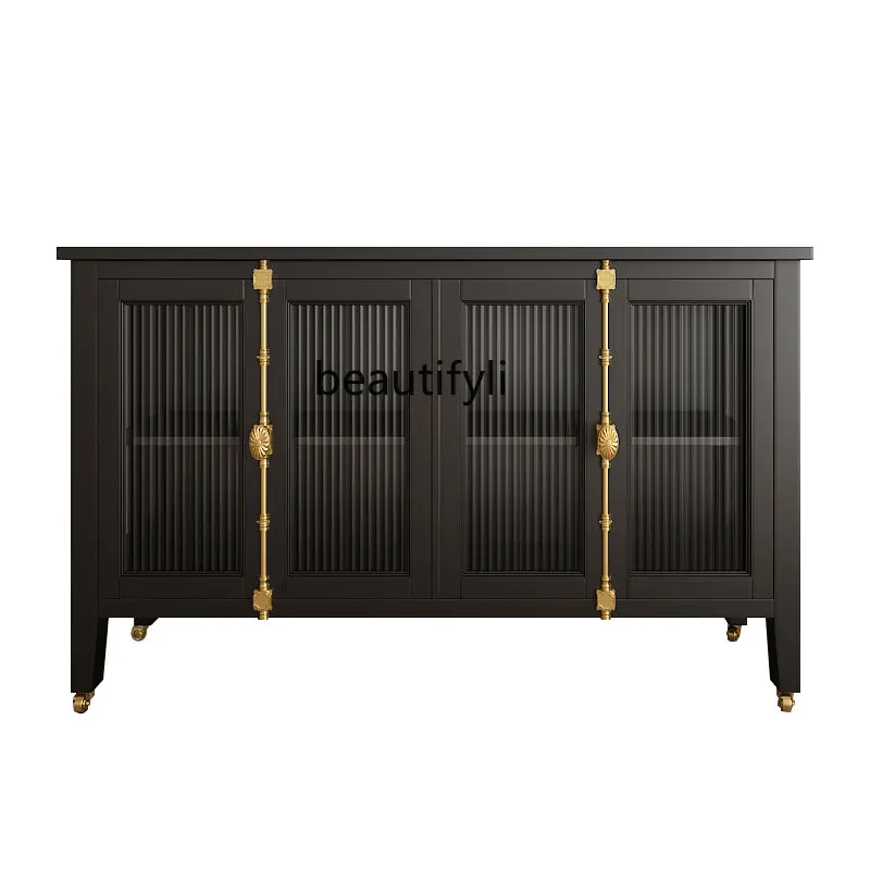 

zq French Retro Solid Wood Cabinet Hallway Entrance Cabinet Black Sideboard Cabinet Light Luxury Changhong High Glass Cabinet