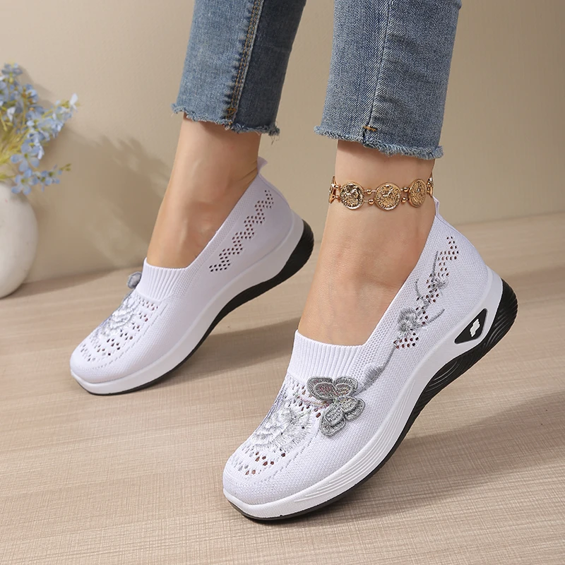 Breathable Open Hole Knitted Casual Shoes for Seniors, Cloth Flower Ornament Slip On Footwear, Soft Outdoor Daily Sneakers view 5