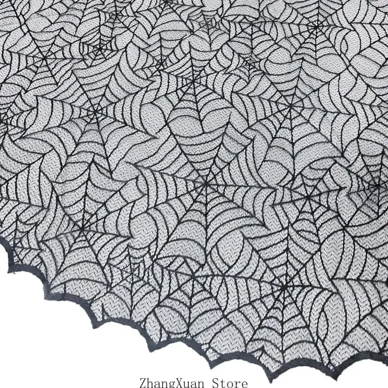 Halloween-Party-Tischdecke aus schwarzer Spitze mit Spinnennetz-Optik für runde Tische, 3 x – Detail 4