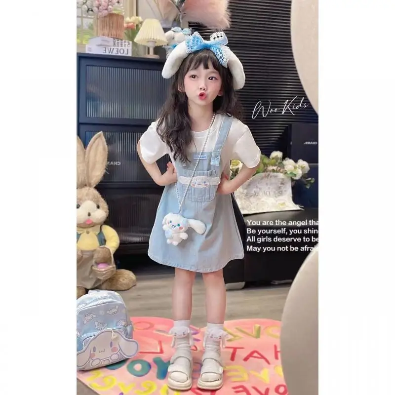 Kawaii Sanrioed Cinnamoroll Kids Dress Girls Denim Suspender Skirt Sweet Short Sleeve Fake Two Piece Dress Cute Kids Clothes New