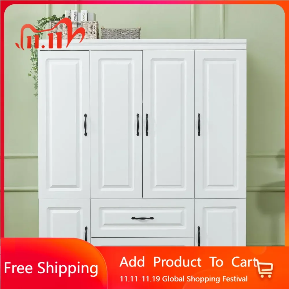 4 doors, 2 drawers, white cabinet with high storage capacity, equipped with 2 shelves and hanging poles, white