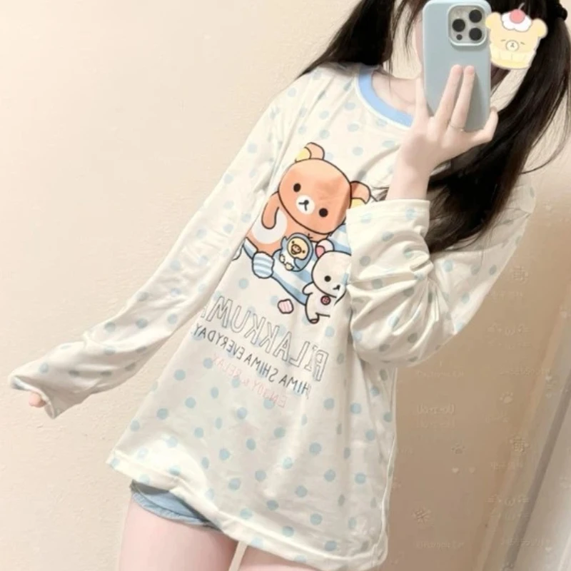 

Kawaii Japanese Rilakkuma Bear T-Shirt Cartoon Cute Loose Clothes Pajamas Household Clothes Sweet Cute Harajuku Crop Tops