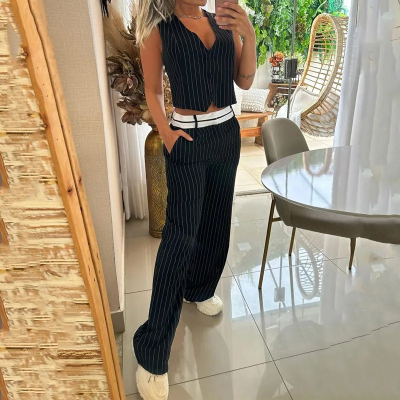 Striped Vest Top & Cuffed Pants Set Women Pant Sets Two Piece Suit Single Breasted V Neck Midi Waist Trousers Suits Pockets