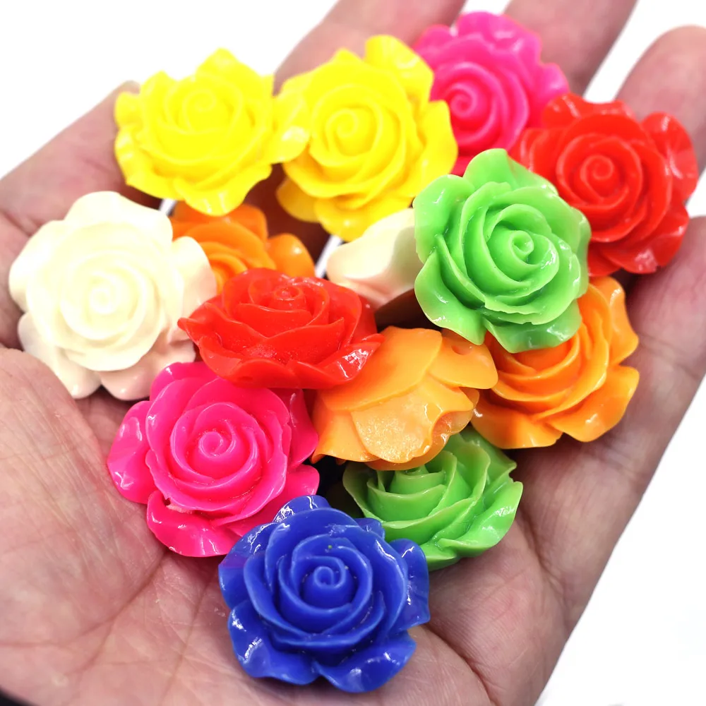 100PCS Multicolor Resin Rose Flower Beads Flatback Cameos 28x27mm DIY Jewelry Crafts Decoration Supplies Handmade Materials Pack