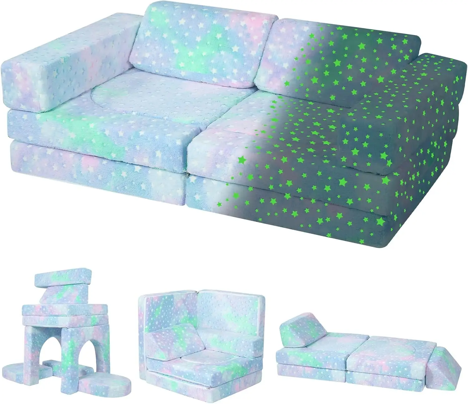 

Kids Play Couch – 10-Piece Modular Sofa for Toddlers Convertible Furniture for Fort Building & Climbing | Glow Colorful Star Des