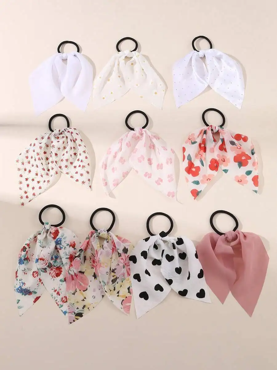 

10pcs Set Womens Floral Pattern Ribbon Hair Ties Elastic Hair Bands Daily Hair Accessories