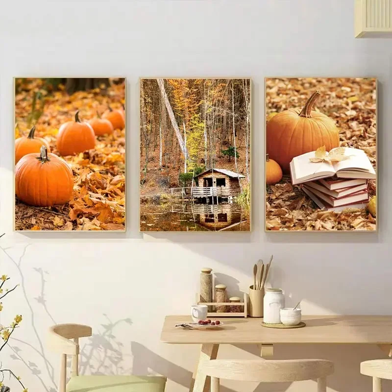 Wall Art Canvas Painting Autumn Poster Yellow Leaves Fall View Print Pumpkin Halloween Picture Living Room Decoaration
