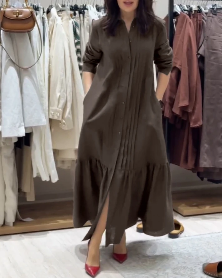 Casual Long Sleeve Button Down Slit Shirt Dress,Button Down Style with Pleated Detailing and Side Slit,Perfect for Various Daily