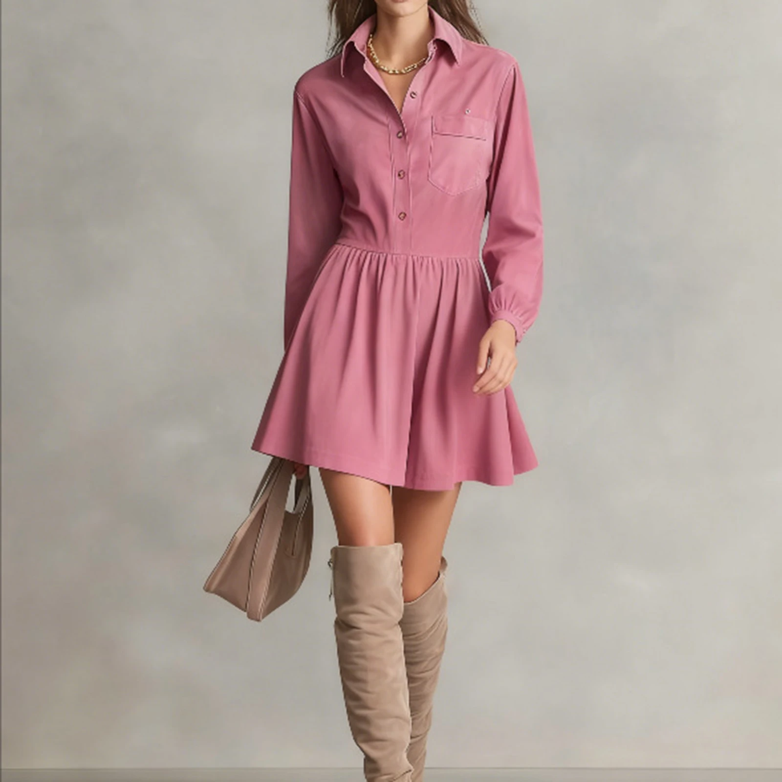 Lady Business Style Dress Fashion Solid Color Long Sleeve Dress Single Breasted Long Sleeve Elegant Temperament Lapel Dress