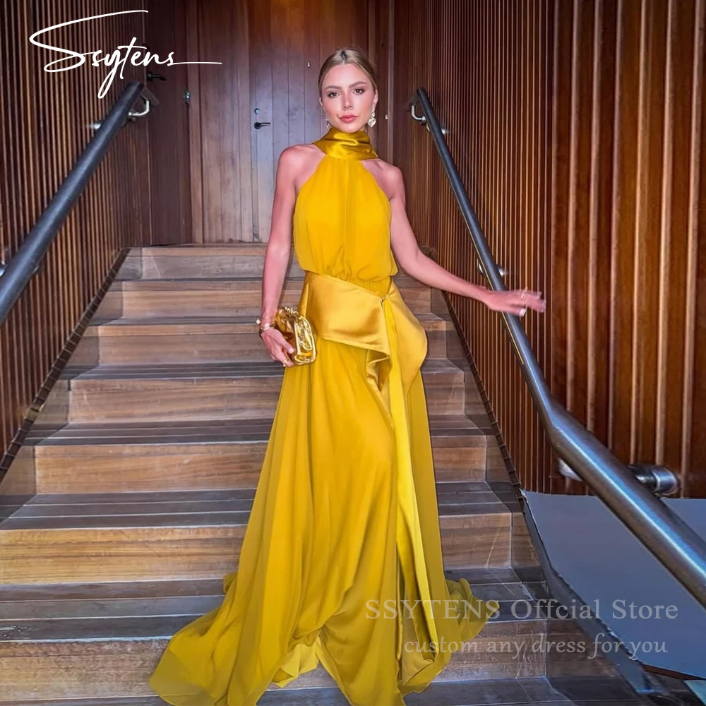 

SSYTENS Halter Yellow A Line Prom Dresses Sleeveless Formal Party Gowns Floor Length Evening Dress vestidos de festa Customized