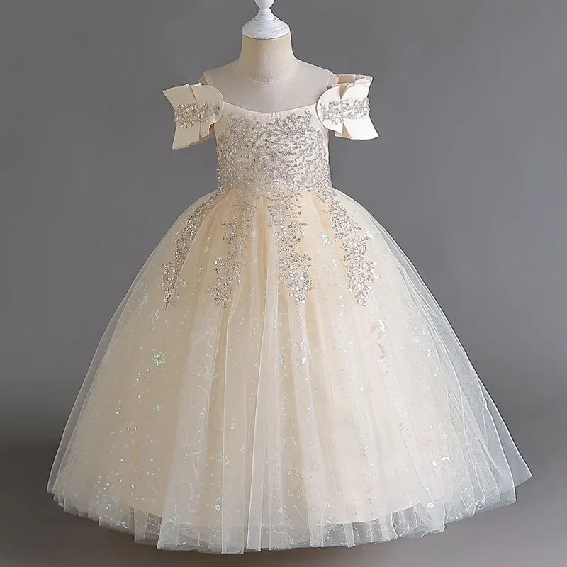 2026 Fashion New Girl Princess Dress Lace Short Sleeve Kids Girls Sequin Dress Summer Flower Girl Dresses for Weddings 4-14 Y