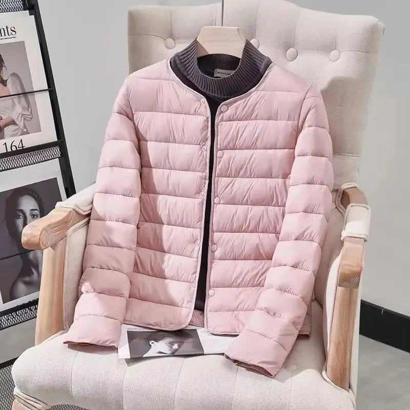 

New 2025 Spring Autumn Lightweight Down Cotton Coat Jacket Women Round Collar Short Warm Inner Lining Cotton Jacket Outerwear