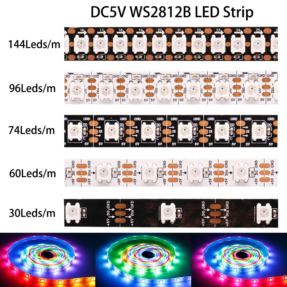 DC5V WS2812B Led Strip light 1-5M 30/60/74/96/144leds/m Individually Addressable 5050 RGB WS2812 Pixels Led Light IP30/65/67