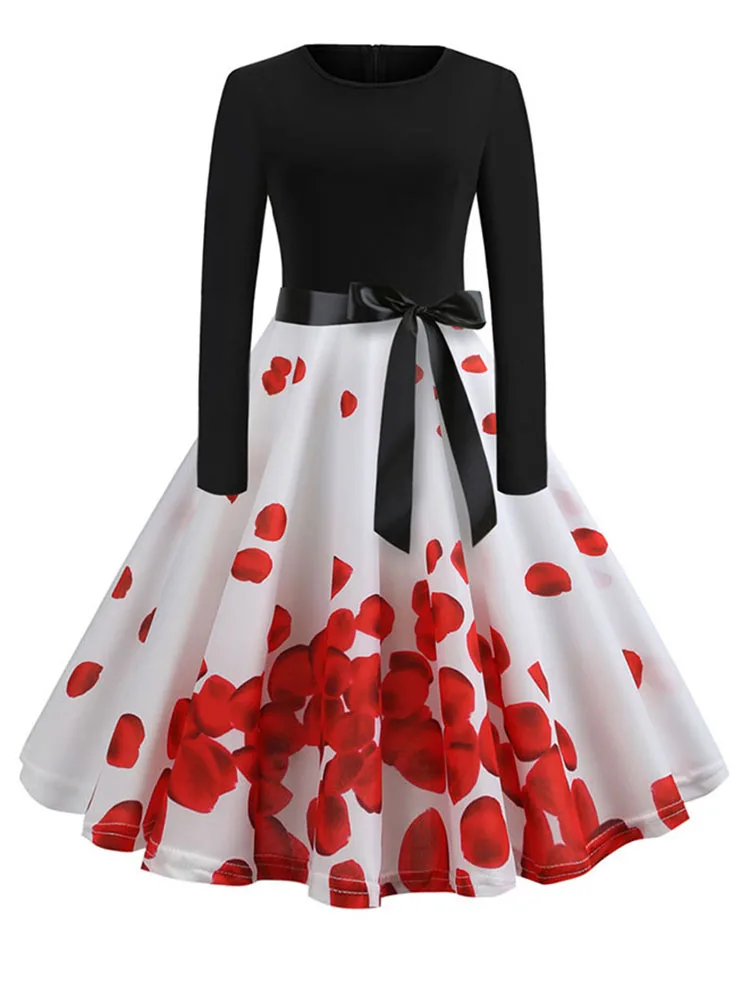 Music Note Print Elegant Party Dress Women Retro Vintage Casual Spring Autumn Midi Dresses