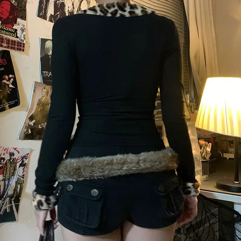 

Korejpaa Vintage Clothes Leopard Print Fur Patchwork V Neck T-shirt New Sexy Top Spicy Girl Slimming Long Sleeved Ropa Mujer