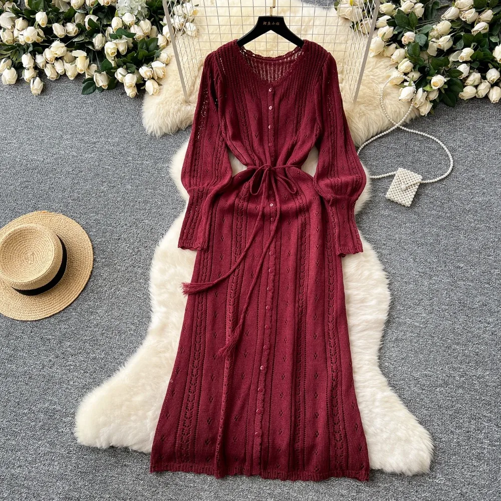 Elegant Hollow Out Hook Flower O-neck Lace-up Chic Lantern Sleeves Slim Knit Dresses Slip Dress Korean Vacation High Street Sets