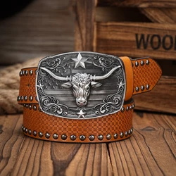 Men & Women-Western-Cowboy-PU Leather-Belts - Vintage Horse Belt Floral Engraved Buckle Belt for Jeans