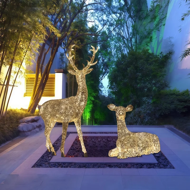 Outdoor stainless steel hollowed-out luminous deer villa courtyard sales office hotel garden landscape art sculpture ornaments