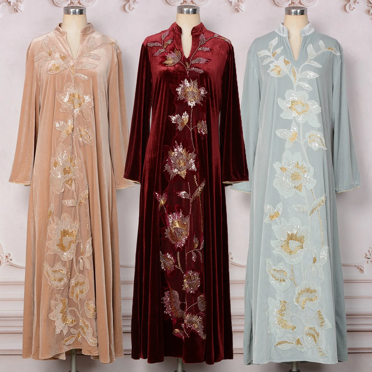 

Autumn/Winter Women Velvet Jalabiya Traditional Arabic Dres Regular-Fit Stand Collar Evening Party Ramdan Eid Muslimah Abaya