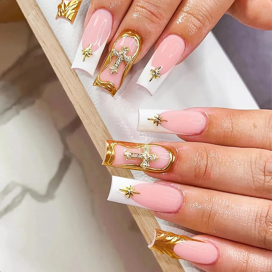 

Pr on Nails Длинный квадратный клей на ногтях с 3D золотистым хромированным акриловым крестом ручной работы 24 шт.