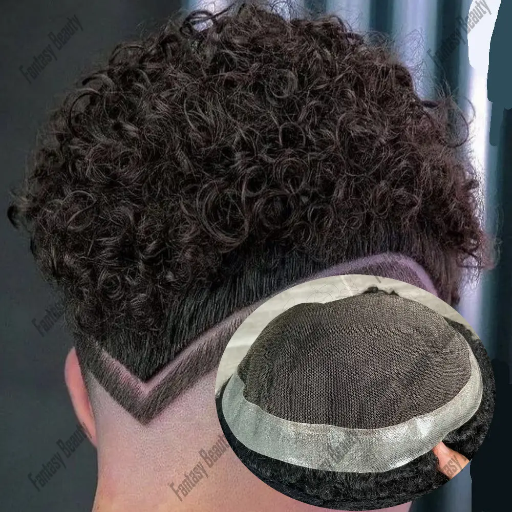 15mm Afor Curly Men's Toupee Wig Breathable Australian Lace&PU Base 100% Human Hair System Prosthesis Male Natural Hairline Wigs