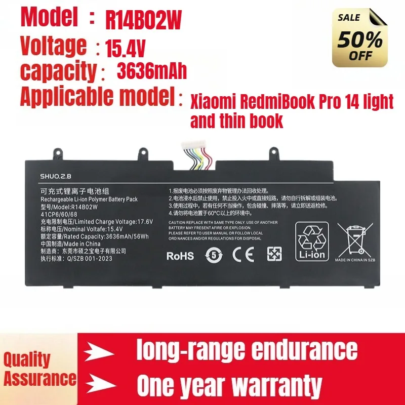 

Подходит для Xiaomi RedmiBook Pro 14, легкий и тонкий аккумулятор для ноутбука R14B02W XMA2006, 15,4 В, 3636 мАч, аккумулятор для ноутбука