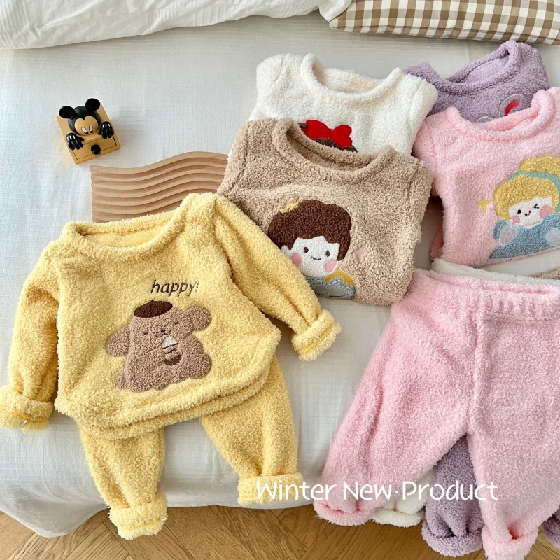 

Children's Loungewear Suit0-5Autumn Winter Baby Cartoon Warm Double-Sided Fleece Pajamas Two-Piece SetAT060