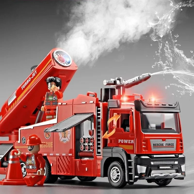 

Пожарная машина-спрейер с лестницей, модель автомобиля, игрушечная машинка со звуком и светом, откатывающаяся, с открывающимися дверями, коллекционная модель, подарок для мальчиков