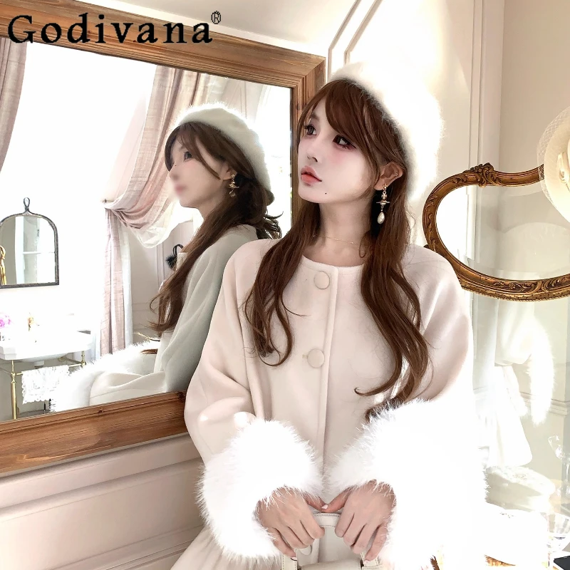 Original New Slimming Warm Jackets for Women Gentle Off White Collarless Woolen Coat Female Japanese Style Lolita Coat
